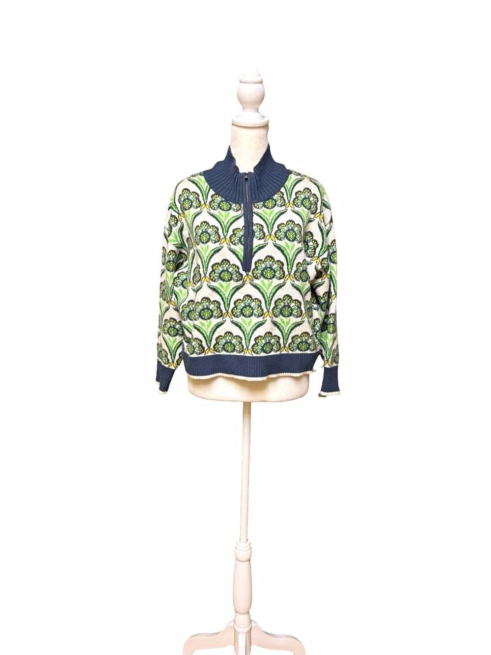 Maeve Anthropologie Women XS Floral Jacquard Quarter Zip Sweater Cropped Green